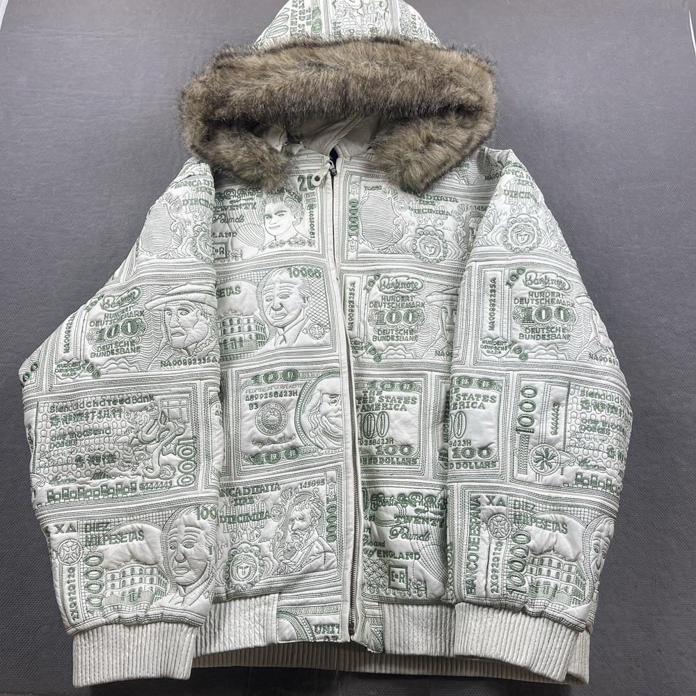 Vintage Tanners Avenue Jacket Mens‎ 5XL Leather 100 Dollar Bill Embroidered Fur